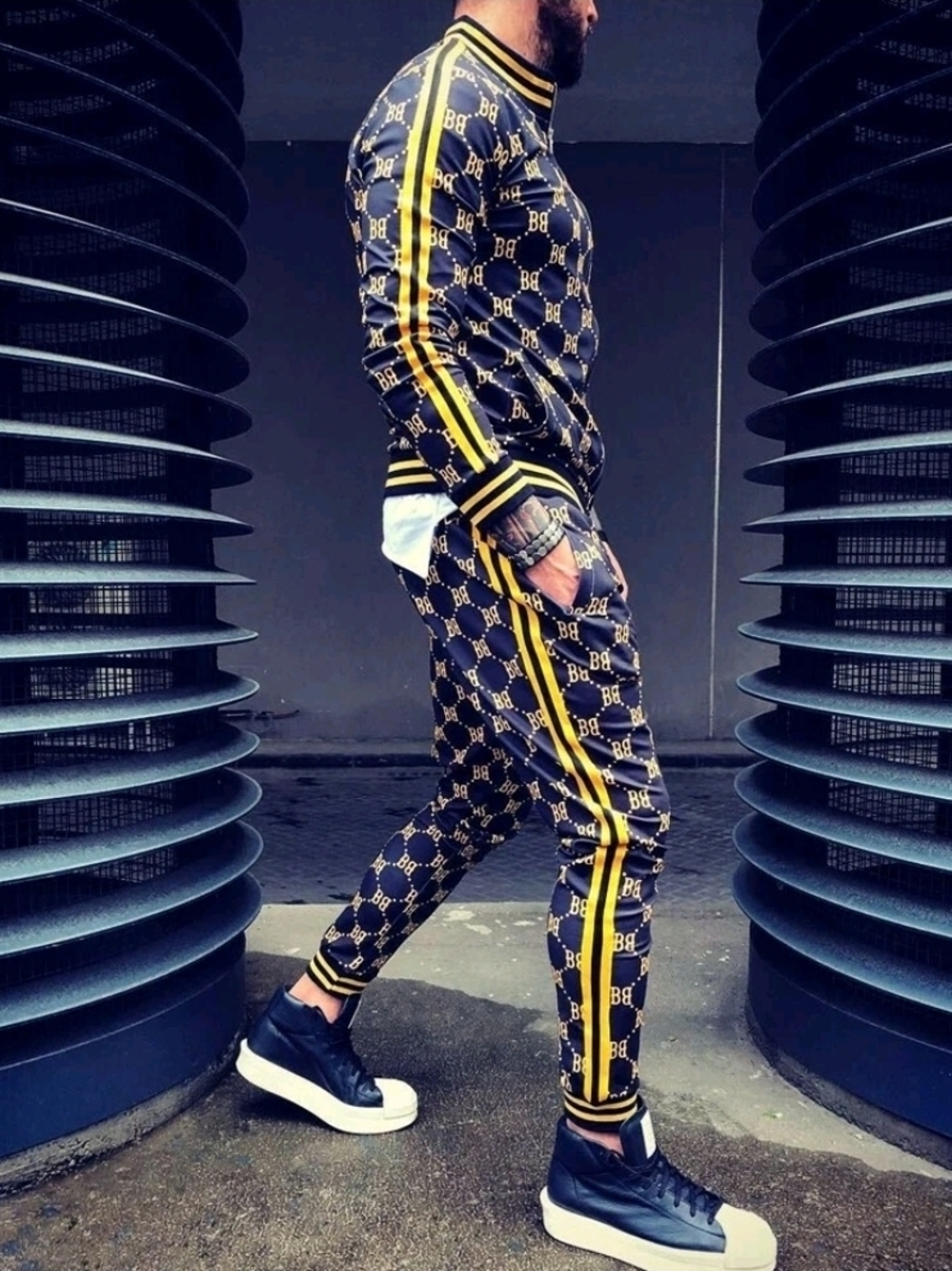 BB Logo Navy & Yellow Track Pants - Men's Hip Hop Fashion Joggers